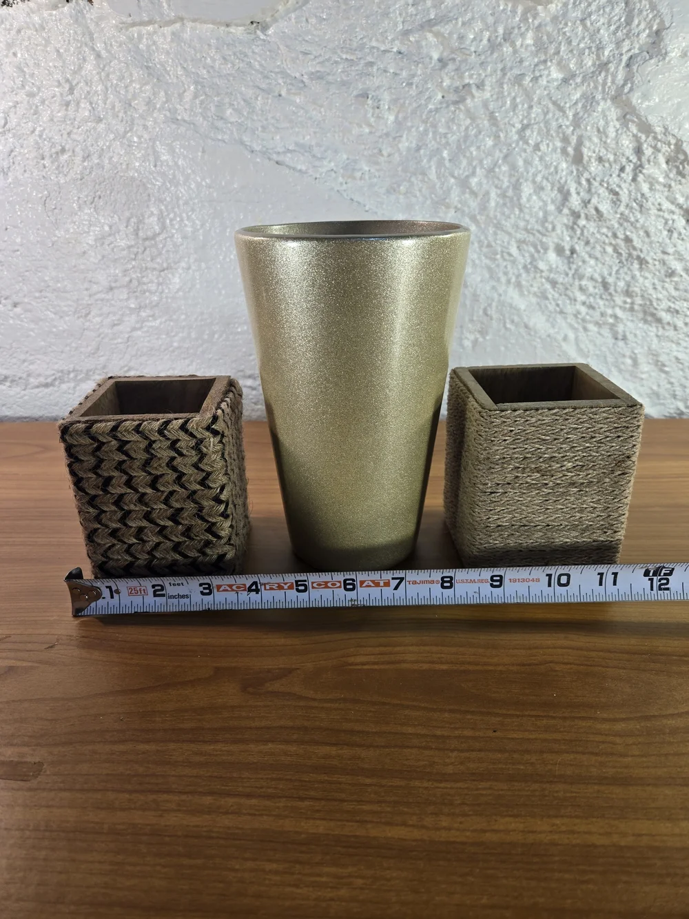 Boho Desk Organizer Set - 3pc Glossy Gold Vase & Burlap Wrapped Pencil Holders